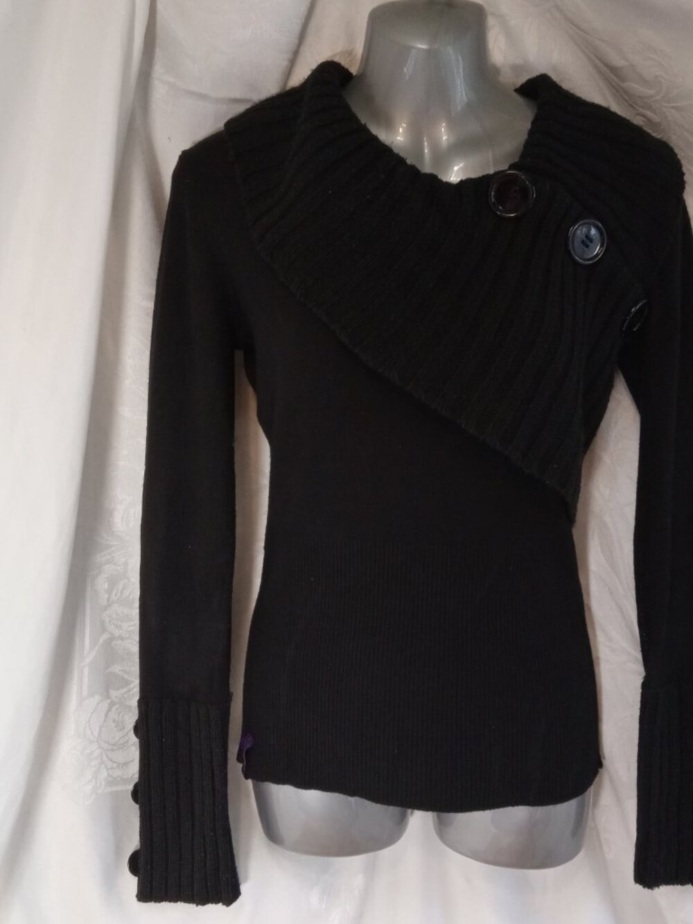 B & B Couture Sz XL Black Sweater 90s Whimsigoth Asymmetrical Shawl Collar Goth